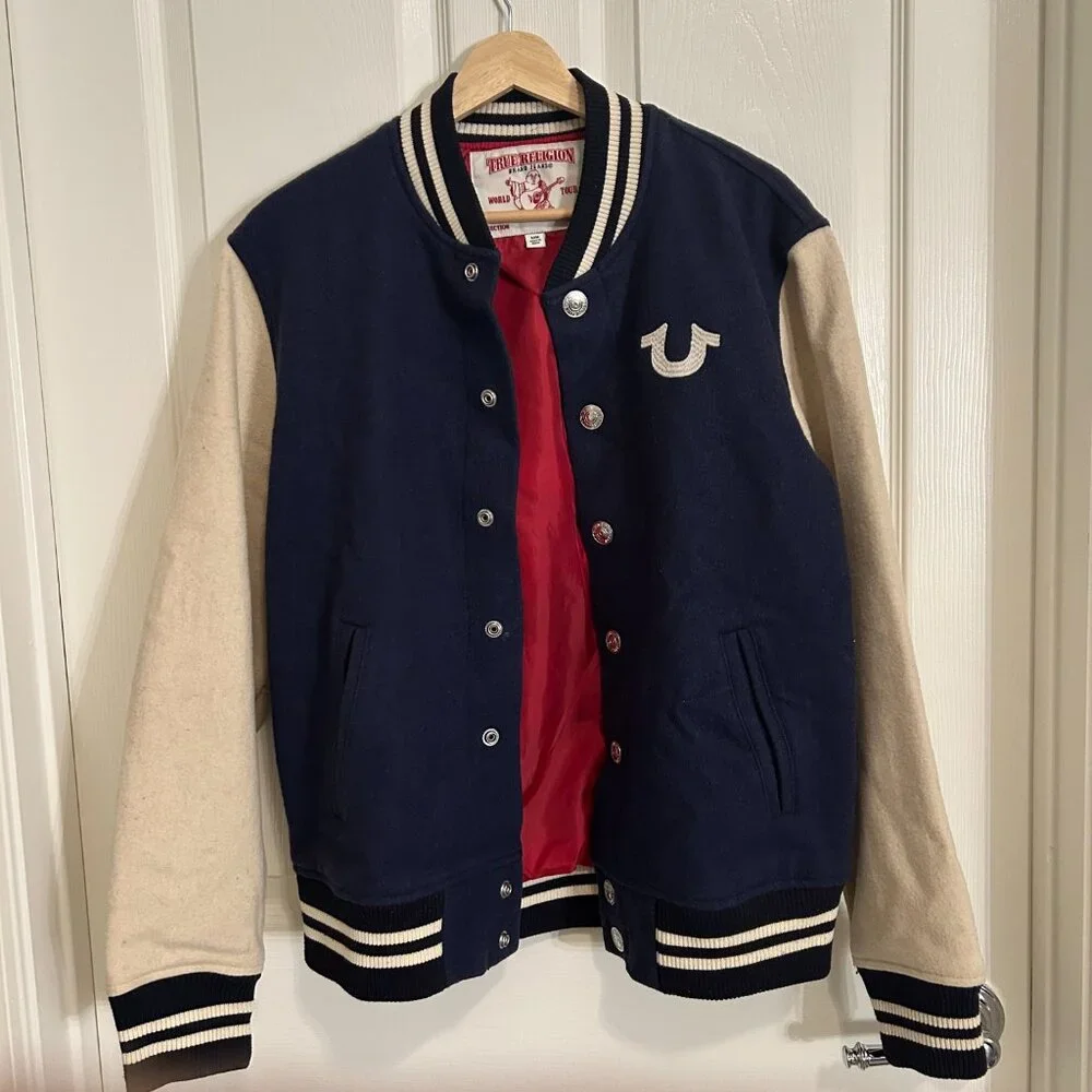 True Religion Varsity Letterman Jacket Wool Blend Snap Front Y2K Streetwear - Picture 10 of 12